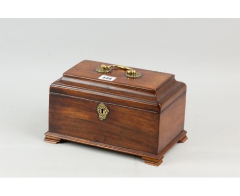 An early 19th Century mahogany tea caddy with brass carrying handle and escutcheon on corner bracket feet, three lidded inter