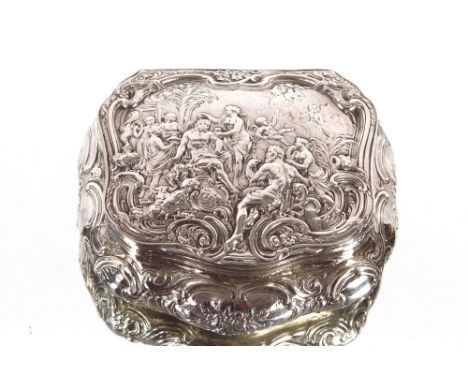 A 19th Century continental silver table snuff box, with classical decoration of figures in a landscape, gilded interior beari
