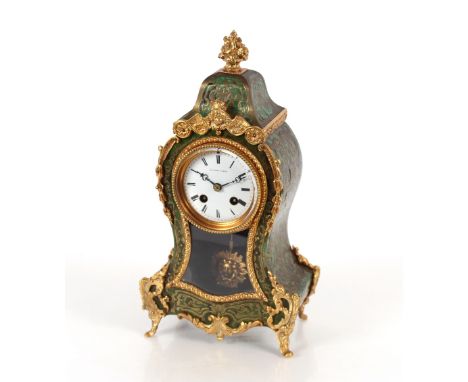 A green stained tortoiseshell and inlaid mantel clock by Hatton of Paris, eight day movement striking on a bell