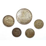 Five George IV coins, including half crown, shilling, and three sixpences
