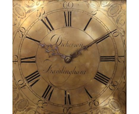 Dickerson of Framlingham, an oak and elm cased cottage longcase clock having square brass dial and 30 hour movement, 212cm hi