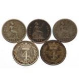 Five Victorian groats, including two Maundy fourpence pieces