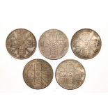 Five Victorian double florins, 1887,1888,1889 and 1890