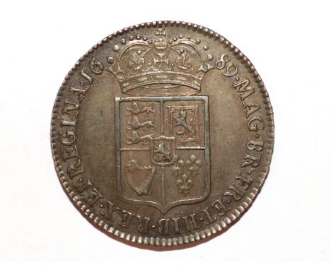 A William and Mary half crown, Caul frosted, with pearls first reverse