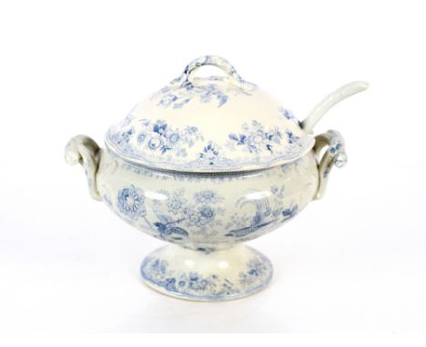 A Victorian blue and white Asiatic pheasant pattern tureen and cover with associated china ladle&nbsp;