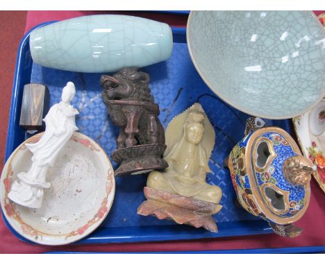 Oriental Chinese Horn Desk Seal, 5cm long, pottery dish, Celadon style pottery, soapstone figure, etc:- One Tray