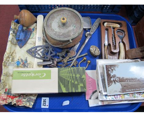 Postcards, photographic Cookham Dean, etc. compass, spinning top, Harry Hall tailors measure, etc:- One Tray.