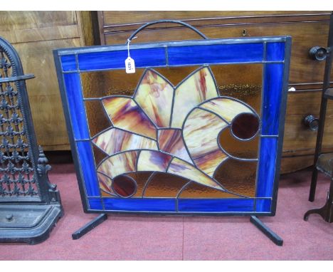 Firescreen, with lead glass panels as flower petals, 71.5cm wide.