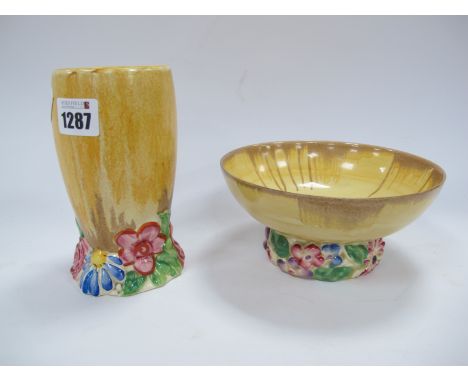 Clarice Cliff 'My Garden' Vase for Wilkinson Ltd, 15cm high, similar bowl for Newport Pottery. (2)