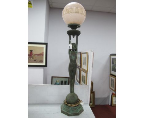 Art Deco Style Table Lamp, with mottled glass globular shade, supported by bronzed naked female, stood on bal, on stepped oct