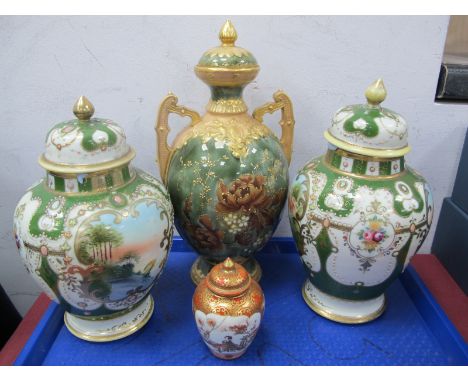 A Pair of Noritake Ginger Jars and Covers, decorated with panels of lake scenes and flowers (damages), Austrian Pottery twin 