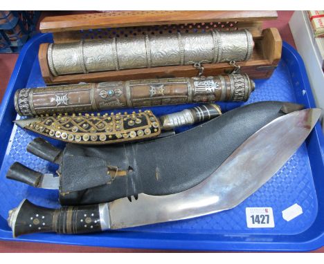 An Indian Kukri Knife Set, two blade example. Chinese taper stick holders. Aromatic box:- One Tray.