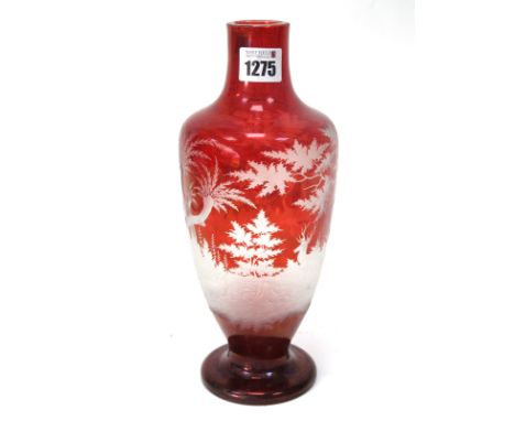A Continental Early/Mid XX Century Century Ruby Glass Vase, etched with a woodland landscape with deer, 26cm high.