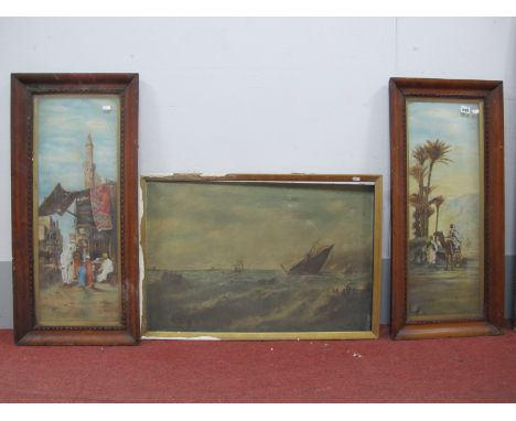 A Pair of Arabic Watercolours, Street Scene, and Man on a Camel, initialled M.M.; together with an oil on canvas of a seascap
