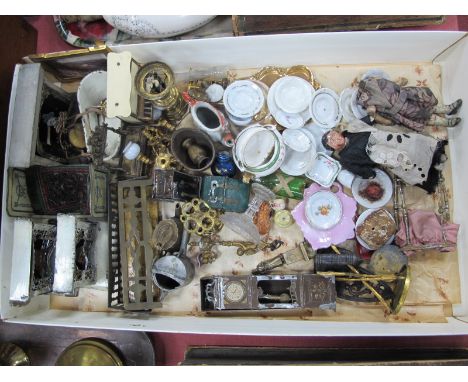 Dolls House Furniture, predominately in metal, including longcase clock, piano, fire places, chandelier, bed, two dolls (one 