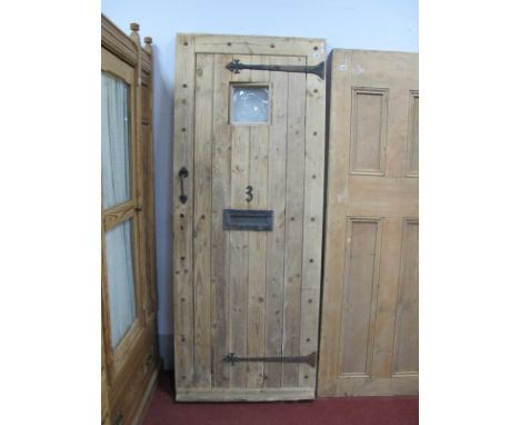 Early XX Century Pine Door, with stud decoration, glass bulls eye panel, iron straps, 202cm