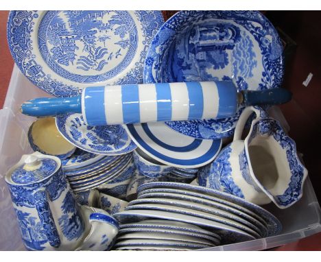 Blue &amp; White Pottery, including Masons jug, T.G Green rolling pin, Willow pattern etc:- One Box.