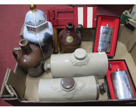 A Football Rattle, in red and white, golfing hip flask, Geobel Monet jar and cover, stoneware foot warmers, flagon's:- One Bo