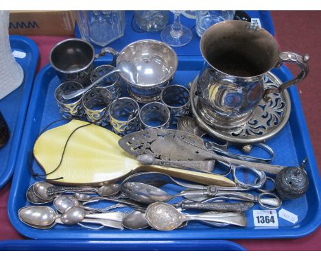 Silver Tea Spoons, napkin rings, plated caddy spoon, etc:- One Tray.