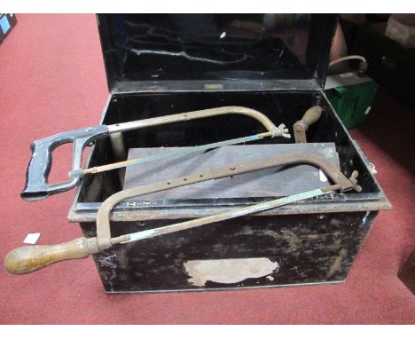 Draper Saw, axe, drill, other tools in Holmes &amp; Son of London black metal box. 