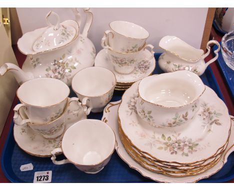 Royal Albert 'Haworth' Bone China Tea Service, tea pot, cream jug, sugar bowl, cake plate, cup saucers, twenty two pieces:- O