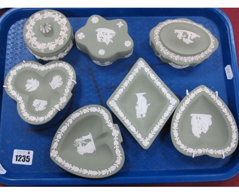 Green and White Wedgwood Jasperware Playing Card Suits Set of Four Dishes, three decorative trinket boxes, etc :- One Tray