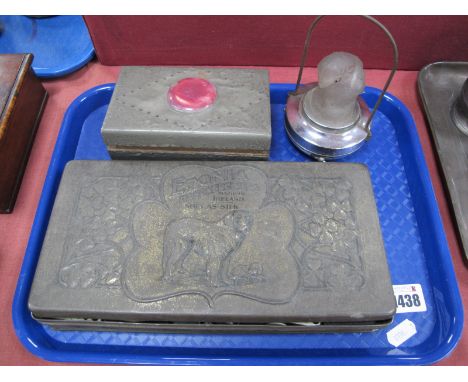 Pifco Night Light as a Frosted Glass Parrot, on chrome base, pewter covered box, dominoes, Estonia tin.