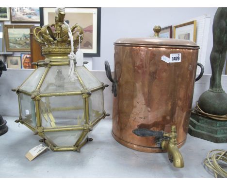 Copper Twin Handled Tea Urn, with a brass tap; together with a gilded brass ceiling light, with a crown top, (three glass pan