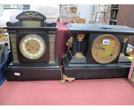 A XIX Century Black Slate Mantle Clock, with a circular dial, Arabic numerals, (no pendulum), together with a XIX Century ebo