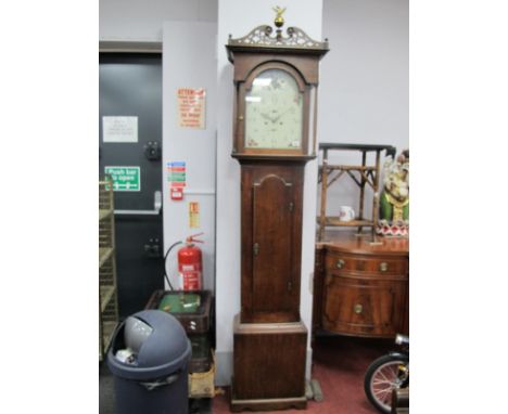 An XVIII Century Oak Eight Day Longcase Clock, the hood with pierced swan neck pediment, arched door with  column supports, t