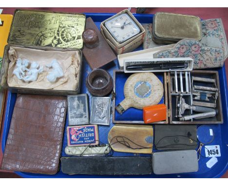Ink Pen, having 14k Nib, Bayard travelling clock, razors, match box covers, etc:- One Tray.