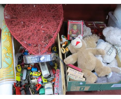 Playworn Toys, including diecast Corgi, Matchbox, soft toys, heart shape lamp, posters, etc:- Two Boxes.