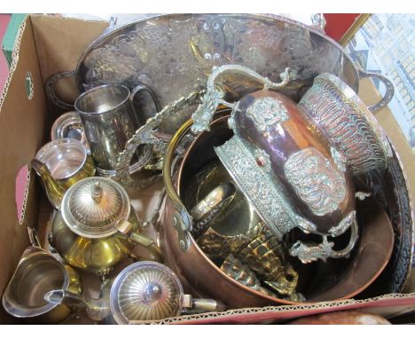 Middle Eastern Copper and Brass Bulbous Vessel,  inset with cabachon stones, brass ware, plated tea service, tray, etc:- One 