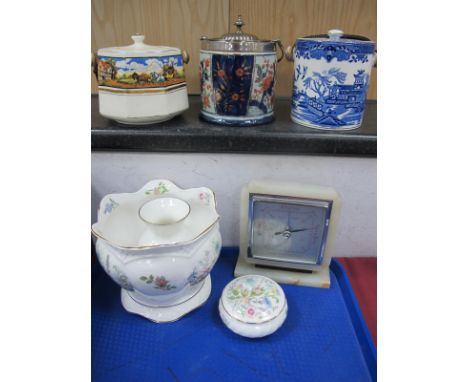 Burleigh Ware Blue White Biscuit Barrel, stoneware Imari pattern, biscuit barrel, table top aneroid barometer, etc:- One Tray