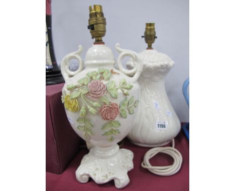 A Modern Belleek Porcelain Two Handled Table Lamp, on a square footed base, applied with pink and yellow roses, printed marks