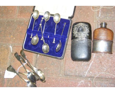 Five silver teaspoons, hip flask, etc. 