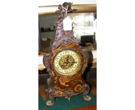 A French brown onyx metal mounted two train mantel clock, the movement signed Marti - height 42cm 
