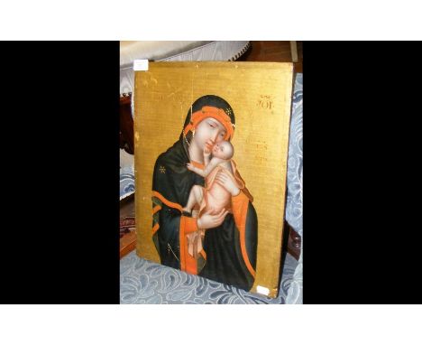 A hand painted Russian icon on wooden panel - 43cm x 34cm - with unusual painted portrait to the reverse CONDITION REPORTas p