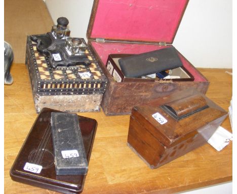 A leather box of collectables, together with tea caddy, inkstand, etc. 