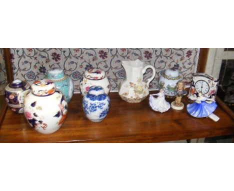A Derby style blue ground jar, a Goebel figure of boy with umbrella, Royal Doulton figure 'Elaine', Masons Ironstone bedside 
