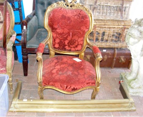 A French style armchair, together with a brass fire fender 