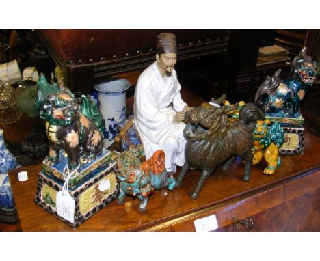 A pair of oriental Dogs of Foe, together with other oriental ceramic and metal ware 