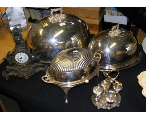 A large silver plated chafing dish, clock for restoration, together with other metal ware CONDITION REPORTLarge dome has a sl