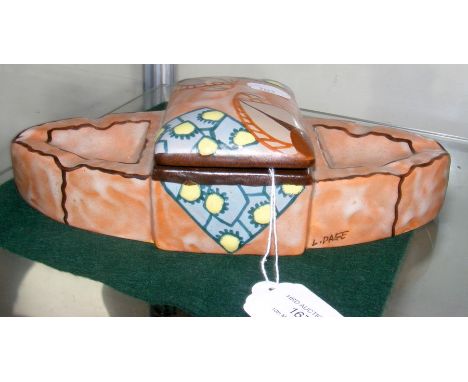 An unusual ceramic smoker's set by Louis Dage - having Art Deco hand painted design and signed by the Artist - 24cm long 