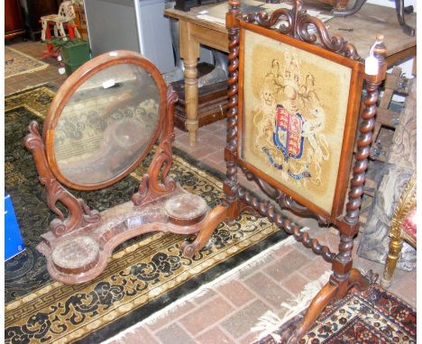 Antique fire screen with embroidery panel, together with a toilet mirror 