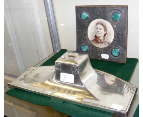 A WMF plated inkstand, together with a pewter photo frame with ceramic inserts CONDITION REPORTThe inkwell does not contain g