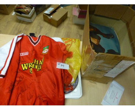 Sporting Memorabilia :Mixture signed Wrexham shirt, Liverpool 2005 Europe plate plus many other books, magazines within box.