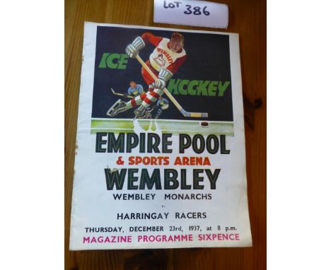 Sporting Memorabilia :Ice Hockey Wembley Monarchs v Harringay Racers prog 23.12.37 in vgc.