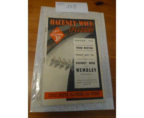 Sporting Memorabilia :Speedway Hackney v Wembley speedway prog 17.5.35 in good cond, sl. rusted staples.