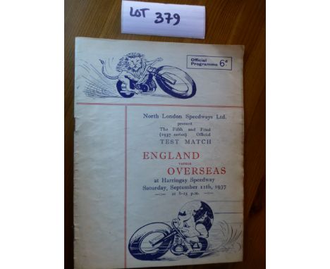 Sporting Memorabilia :Speedway Harringay England v Overseas 5th Test Match prog 11.9.37, 16 pages, fine cond.